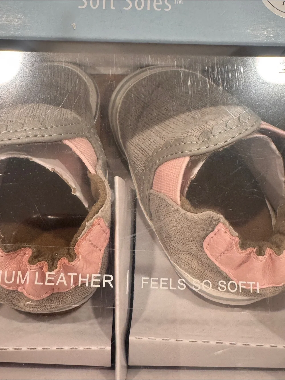 New Robeez Grey Pink Liam Soft Sole Baby Shoes 0-6 Months Leather Crib